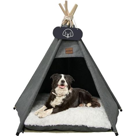 Tente pour chien et chat – Tipi 60x60x70 cm en toile de coton – Poteaux en bois de pin – Coussin réversible et tableau noir (1/5)