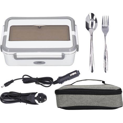Boîte repas électrique grise et blanche, 2 compartiments, poignées doubles, chauffage silencieux sans eau, prise UK 220V, rechargeable, déjeuner portable. (1/5)