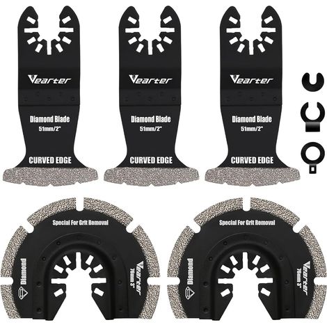 Lot de 5 outils multifonctions diamantés avec adaptateur, lames de scie, outil d'oscillation pour carreaux en céramique, brique creuse, ciment, carrelage souple, maçonnerie (1/5)