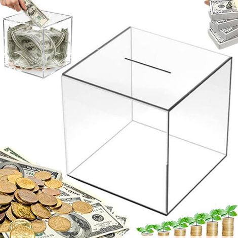 Tirelire en acrylique - Tirelire transparente - Tirelire - Tirelire carrée en acrylique transparent - Tirelire pour adultes - Tirelire empilable - 15 x 15 x 15 cm - Tirelire transparente pour billets (1/5)