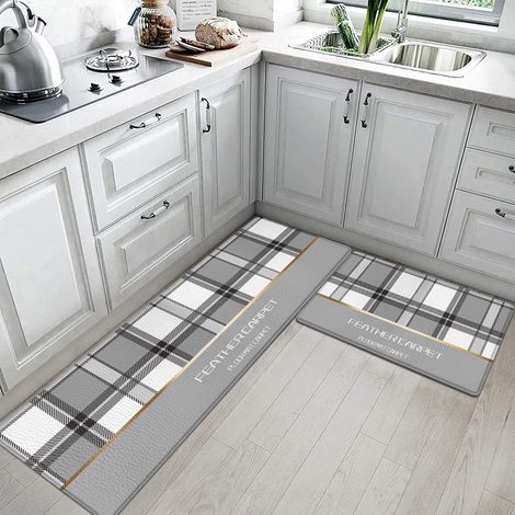 Thickened, long strip PVC oil-proof and stain-resistant floor mat, leather kitchen mat, bathroom mat, non-slip foot mat - black and white checkered - 44150CM10MM
