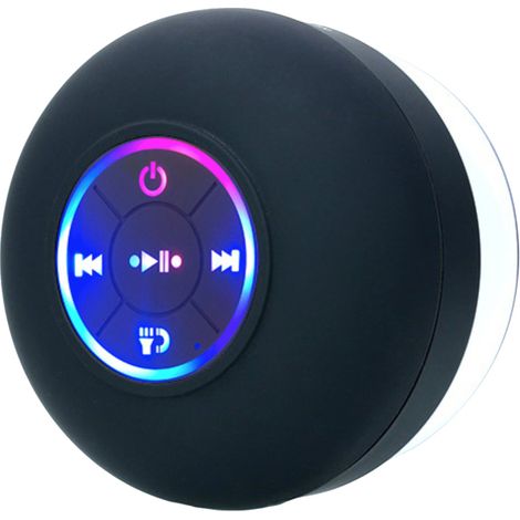 Altavoz Bluetooth 5.0 resistente al agua (IPX4) con ventosa, micrófono incorporado, función manos libres e iluminación ambiental, color negro. (1/5)
