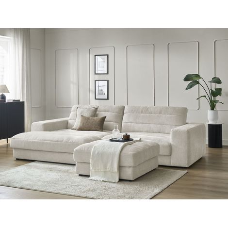 BOBOCHIC - Canapé d'angle fixe SIERRA tissu texturé avec pouf Angle gauche Beige (1/5)