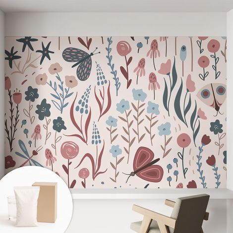 Papier peint intissé mural classique avec imprimé motifs décoratifs design élégant non‑tissé Fleurs et insectes 152x104 cm (1/5)
