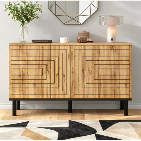 Aparador, 120x35x68 cm, natural, 3 puertas, apertura push-open y motivo ondulado (1/5)