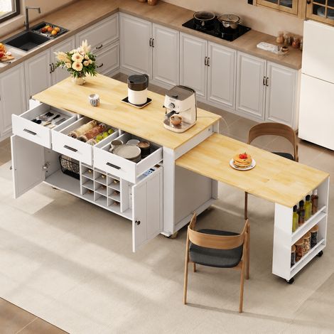 Îlot de cuisine extensible 98 cm avec rangement, porte-bouteilles et prises USB intégrées, meuble cuisine mobile avec roulettes Blanc et Chêne (1/5)