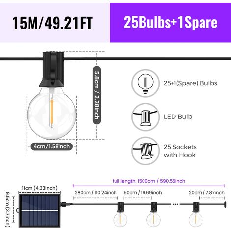 (15 m 26 LED) Guirlande lumineuse solaire d'extérieur, lampes de jardin G40, résistante aux intempéries, convient aux cours arrière. (1/5)