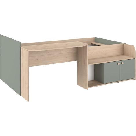 Lit 90x200 combiné avec bureau et rangements aspect bois et vert céladon - ADELINE (1/5)