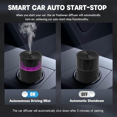 Diffuseur de voiture avec fonction marche/arrêt automatique, humidificateur portable avec fonction mémoire, diffuseur d'huiles essentielles à piles avec lumière d'ambiance 8 couleurs pour voiture, mai (1/4)