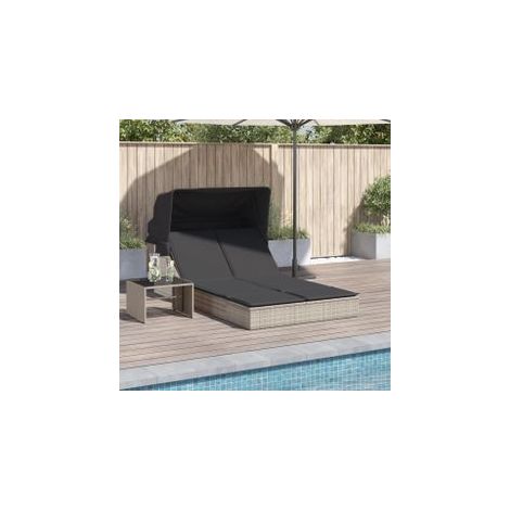 Chaise longue double avec auvent et coussins gris clair rotin (1/5)