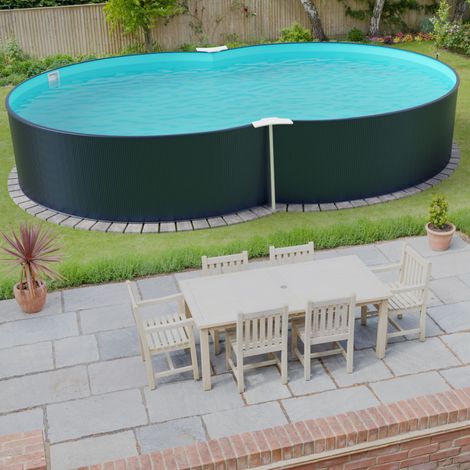 Stahlwandpool achtform 650x420x120 cm, Stahl 0,4 mm anthrazit, Folie 0,4 mm blau, Einhängebiese (1/5)
