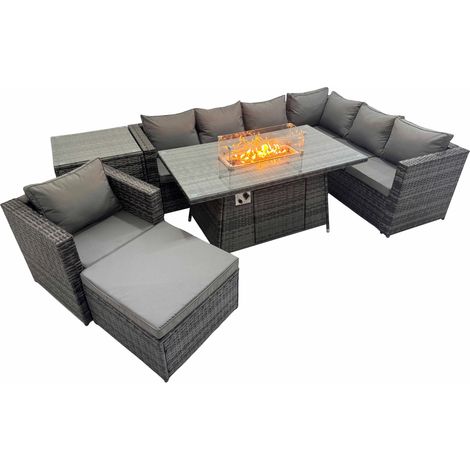 Fimous Garden Rattan Furniture Set 8 Seater Outdoor Corner Sofa Chair Gas Firepit Dining Table Set with Big Stool Side Table Dark Grey (1/5)