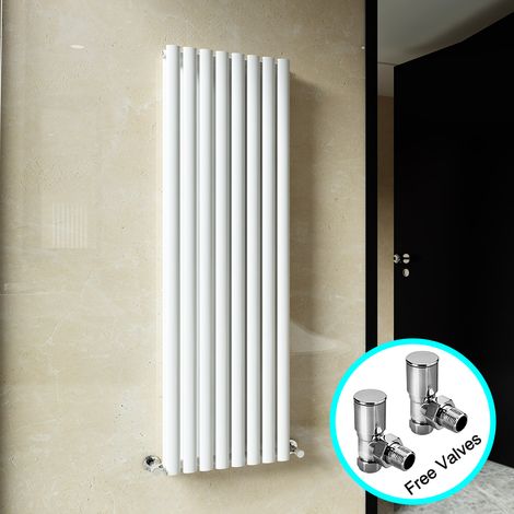 ELEGANT Vertical Designer Radiator Wall/Floor Mounted Central Heating Oval Radiator White Double 1600x480mm + Chrome Angled Valve (1/5)