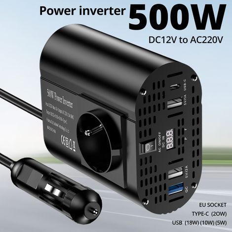 Applicable 500w convertisseur 12v 220v, onduleur 12v 220v avec 1 Prise, Type C 30W, Charge Rapide USB 25W, 3 Ports USB, Affichage LED (1/5)