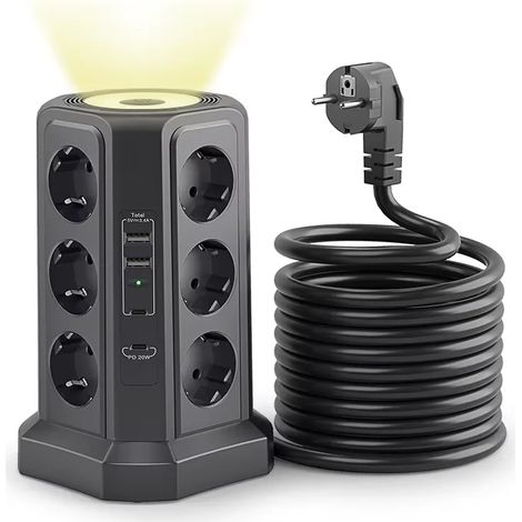 (Noir) Multiprise tour à prise standard européenne, 12 prises secteur, 2 ports USB-A et 2 ports USB-C, avec veilleuse. (1/5)