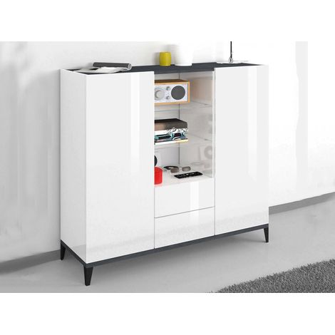 Dmora - Aparador Dla, Aparador de cocina con 2 puertas y 2 cajones, Buffet de salón, 100% Made in Italy, cm 120x40h133, Blanco brillo y Pizarra (1/5)