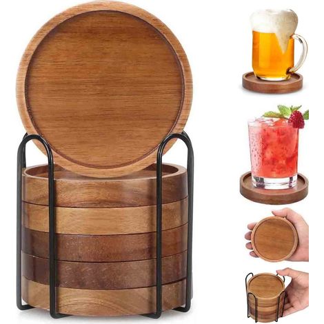Juego de 6 posavasos de madera con soporte de metal negro, posavasos redondos resistentes al calor y duraderos para el hogar y la oficina. (1/4)