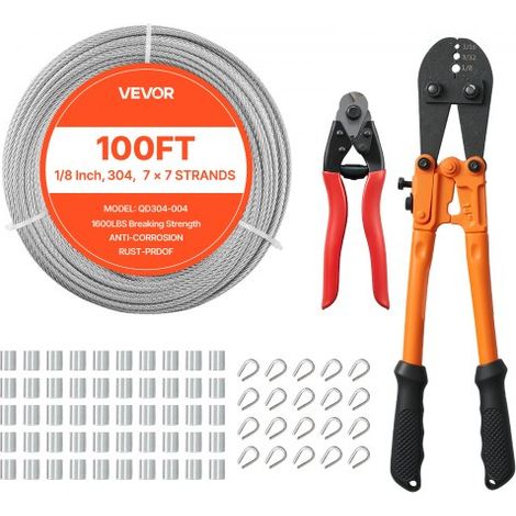 Kit de Cable de Acero Inoxidable de 30,5 m, Trenzado 7 x 7, Diámetro de 3,2 mm, Carga Máxima 725 kg, con Engastador y Cortacables, para Barandillas, Iluminación Colgante y Proyectos de Bricolaje (1/5)