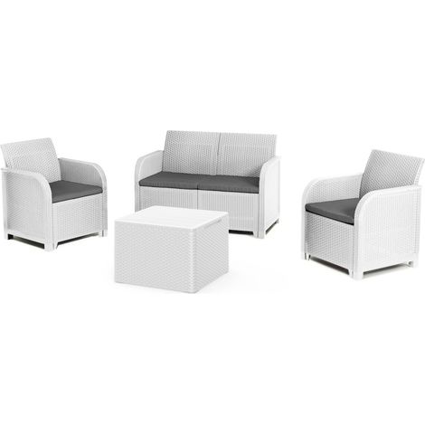 KETER Conjunto de Jardín Sanremo con Dos sillones y sofá de 2 plazas con Mesa Auxiliar, Resina imitación ratán Trenzado, Color Blanco (1/5)