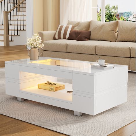 Tavolino da caffè 100x50x35 cm bianco in pannelli di particelle con vetro temprato e LED controllabile via app (1/5)