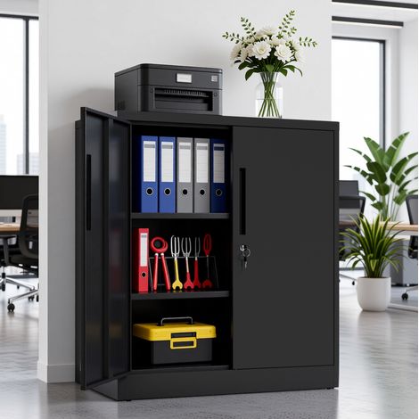 Armario metálico 90 x 80 x 40 cm, 2 puertas con cerradura, 2 estantes regulables, negro HAVRYA (1/5)