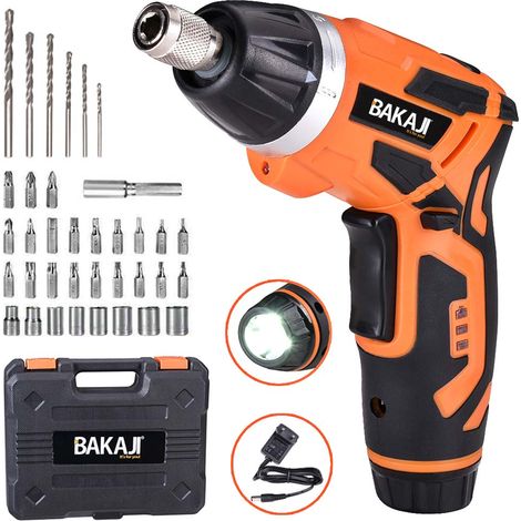 Bakaji Trapano Avvitatore Cacciavite Elettrico 3.7V 1.300mAh Batteria Ricaricabile 3,5Nm 200rpm Mandrino Magnetico Testa Girevole a 90° Luce a Led Manico con Torcia 38 Punte e Valigetta (1/6)
