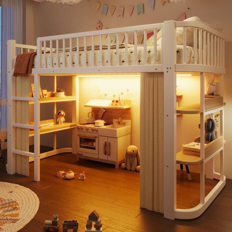 Lit mezzanine enfant 90x200 cm avec rideaux occultants, espace inférieur modulable, éclairage LED, étagères, métal et MDF, blanc