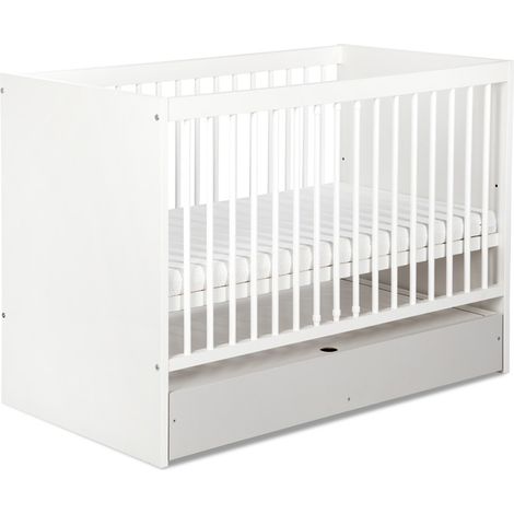 Monmobilierdesign – Lit évolutif bébé 120x60 cm – Barreaux amovibles – Sommier réglable en hauteur – Bois de pin et MDF – Avec tiroir gris