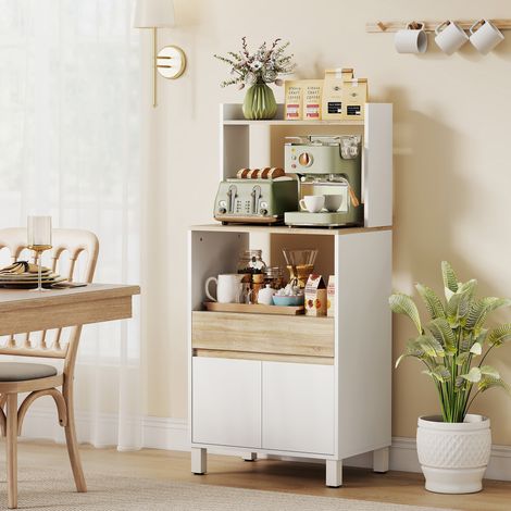 Meuble micro onde. buffet cuisine avec placard tiroir étagère supérieur. 60 x 40 x 131 cm chêne et blanc