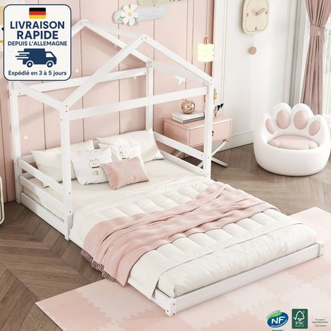 Lit cabane 140x200cm, lit enfant, pin, sommier à lattes, lit simple, sans matelas, style minimaliste, blanc (1/5)