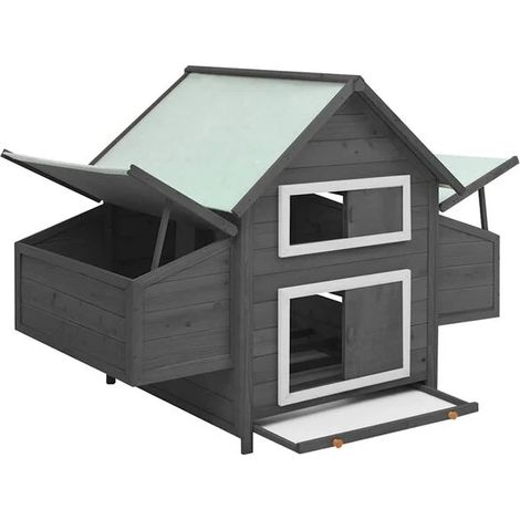 Le poulailler gris et blanc mesure 150 x 96 x 110 cm et est fabriqué en bois de cèdre massif.