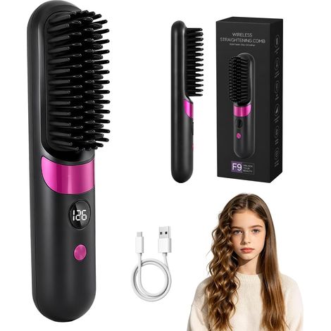 Cordless Hair Straightening Brush Short Hair Straightener Portable with LCD Display 4 Temperatures Adjustable Ionic Care Anti-Burning Ideal Travel and Daily for All Hair Type Suitable (1/5)
