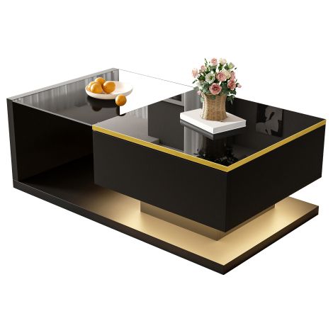Tavolino da caffè lungo 90 cm, nero lucido. Tavolini laterali, tavolini da caffè con piano in vetro ed effetto LED. (1/5)