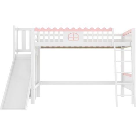 Cama alta infantil con tobogán, LED, estantes, 90x200 cm, pino y MDF, blanco HOMVRA (1/5)