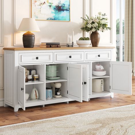Credenza 160x35x76cm, 3 cassetti 4 ante, Ampia capienza con ripiani regolabili, Design pulito, MDF, Bianco, per Soggiorno (1/5)