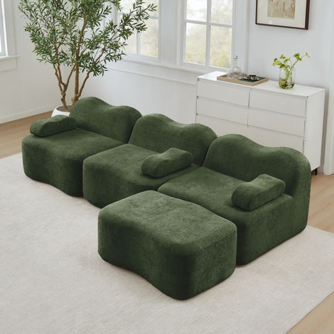 Canapé d’angle modulare 3 posti in velluto verde con pouf, seduta profonda e design ondulato (1/5)