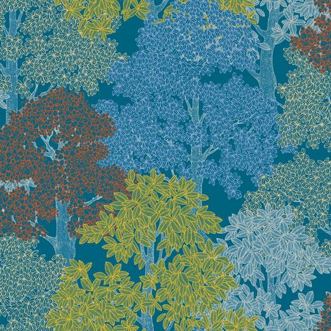 Papier peint arbre bleu pour chambre Tapisserie feuille et forêt multicolore pour salon Papier peint bleu, rouge et jaune pour couloir (1/4)