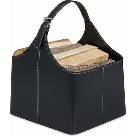 Panier à bois, range-buches similicuir, porte-revues,accessoire cheminée, noir (1/4)