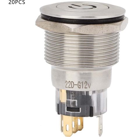 Bouton poussoir plat à réinitialisation automatique, 20 pièces, interrupteur en acier inoxydable avec étiquette d'alimentation, vert, 22mm, pour panneau de commande (1/5)