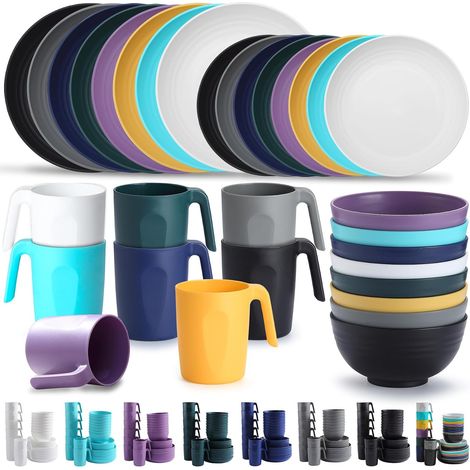 Assiettes Service de Table plastique 32 PCS Service pour 8, réutilisable Assiettes légères Tasses Bols Vaisselle facile à transporter et à nettoyer Cuire au micro-ondes BPA sans lave-vaisselle (1/5)