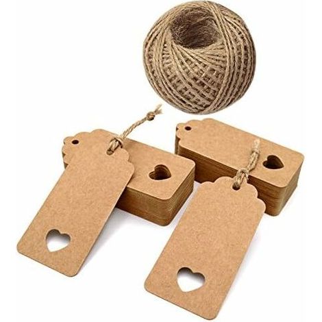 VURAHOME - 100pcs étiquettes Papier Kraft étiquette Carte Kraft 9,5x4,5cm pour Cadeau de Mariage/Nol/Anniversaire, Bagages, avec 30M Ficelle de Jute (marron), (1/4)