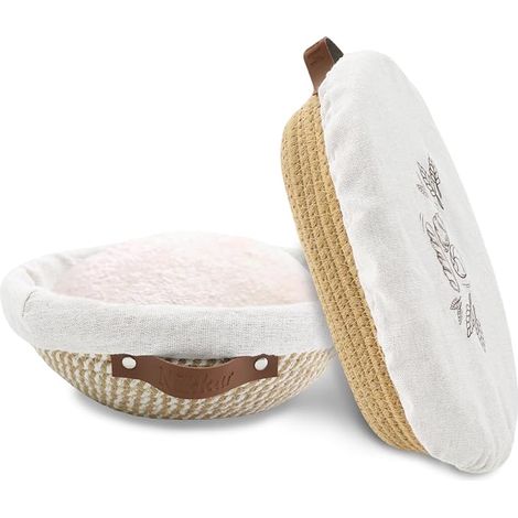 Lot de 2 paniers de fermentation pour pain, 9 et 10 pouces, panier rond et oval en coton, fournitures pour pain au levain, paniers de fermentation avec doublure et couvercle, cadeaux pour boulangers, (1/4)