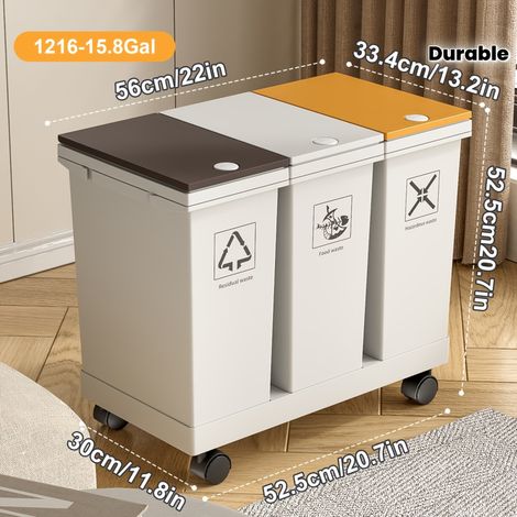 Poubelle Cuisine 60L – Tri Sélectif 3 Compartiments Sec/Humide. Roulettes, Anti-Odeurs, Couvercles Pression. Modèle (Seau de catégorie 60L - 3) (1/5)