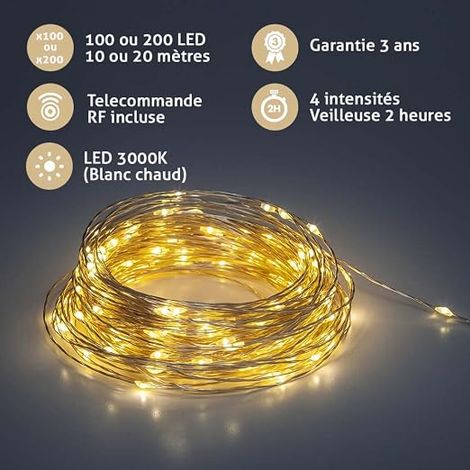 Mini LED USB string lights - Wireless remote control - Timer 2h - 4 intensities - 2A dual USB power adapter included - 200 LEDs 20m - Silver filament (1/4)