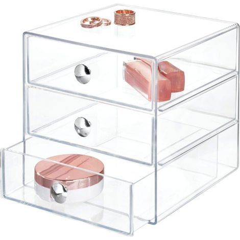 Drawers Organisateur Maquillage, Boite de Rangement en Plastique pour Cosmétiques, Maquillage, etc., Boite Tiroir à 3 Tiroirs, Transparent (1/4)