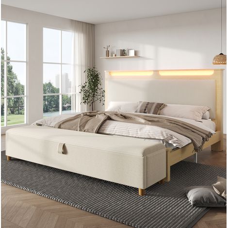 Lit double moderne 160x200 cm aspect chêne clair et velours côtelé beige avec tête de lit rangement, LED et banquette coffre (1/5)
