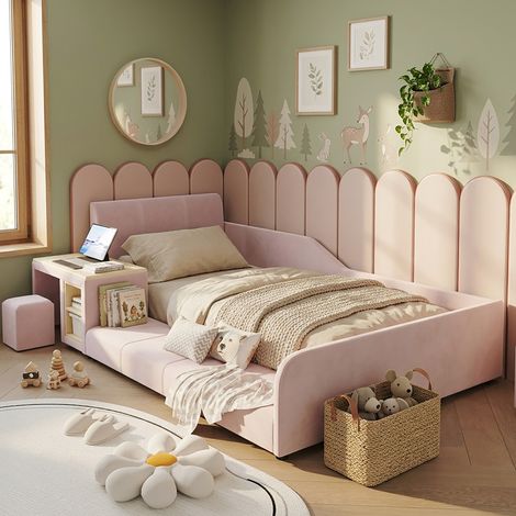 Cama infantil 90x200 con escritorio, taburete y estantería, cabecero acolchado rosa DESVIAE (1/5)