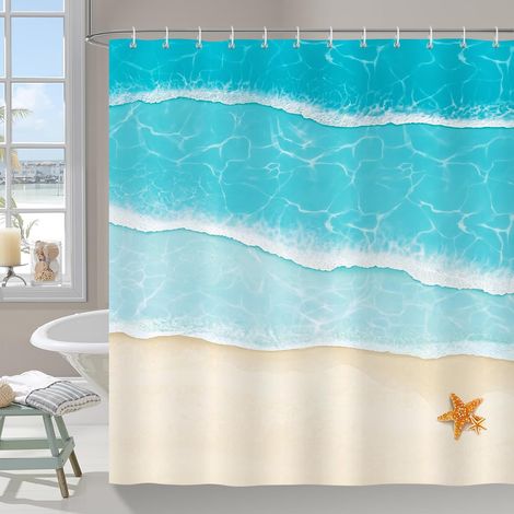 Rideau de Douche Plage Océan, Rideau de Baignoire Côtier Été Étoiles de Mer 183 x 183 cm Polyester Imperméable Résistant à la Moisissure 12 Crochets (1/5)