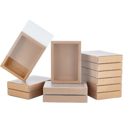 Pack of 16 Kraft Gift Boxes with Translucent Plastic Lid Drawer Box with Frosted PVC Window for Wedding Gift Box, Jewellery Packaging 13.5 x 9.5 x 2.5 cm (1/5)