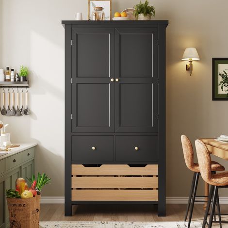 Buffet et enfilade-Armoire rangement 2 portes 5 tiroirs-Buffet haut cuisine noir/blanc-80x40x140(cm) (1/5)